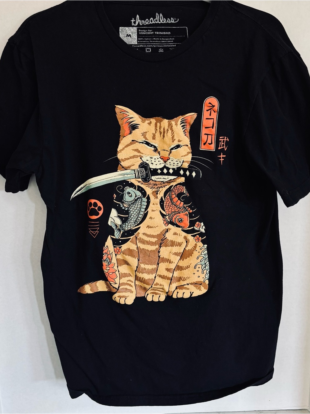 Threadless Black Cat Samurai Graphic T-Shirt - Orange Tabby Print